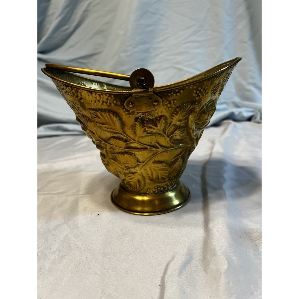 Vintage Brass Coal Scuttle Bucket Embossed Floral Repousse Decorative  6in